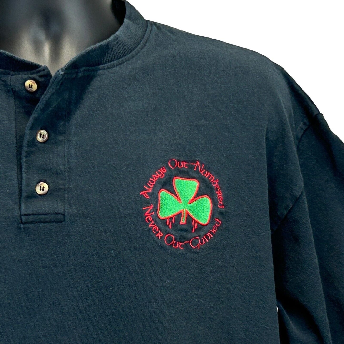 Anvil Irish T-Shirt in black, size medium, featuring a green embroidered shamrock and red text on the front.