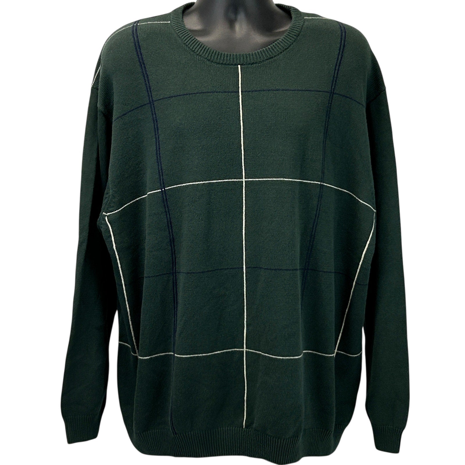 IZOD Green Sweater in Large with Contrasting Line Design, Front View on a Display Mannequin