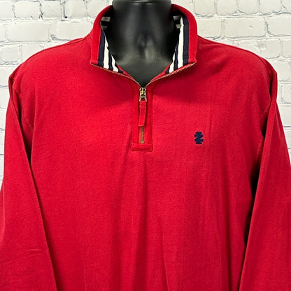 Front view of a red IZOD Sweater with half-zip collar and striped inner detail, featuring logo on the chest