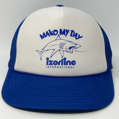 Vintage Trucker Hat in blue and white featuring a shark graphic and 'Mako My Day' logo on the front