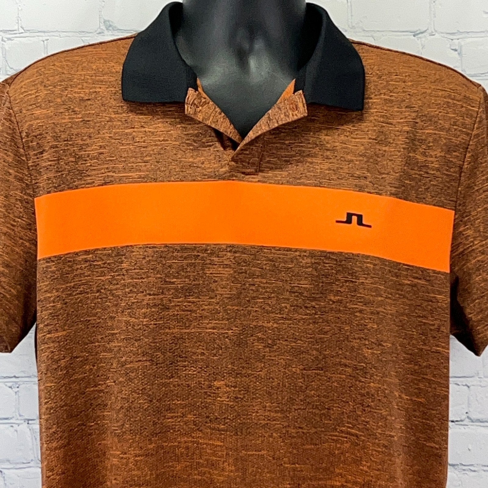 J Lindeberg Men's Polo Shirt in Brown with Orange Stripe and Logo on Front, Size Medium