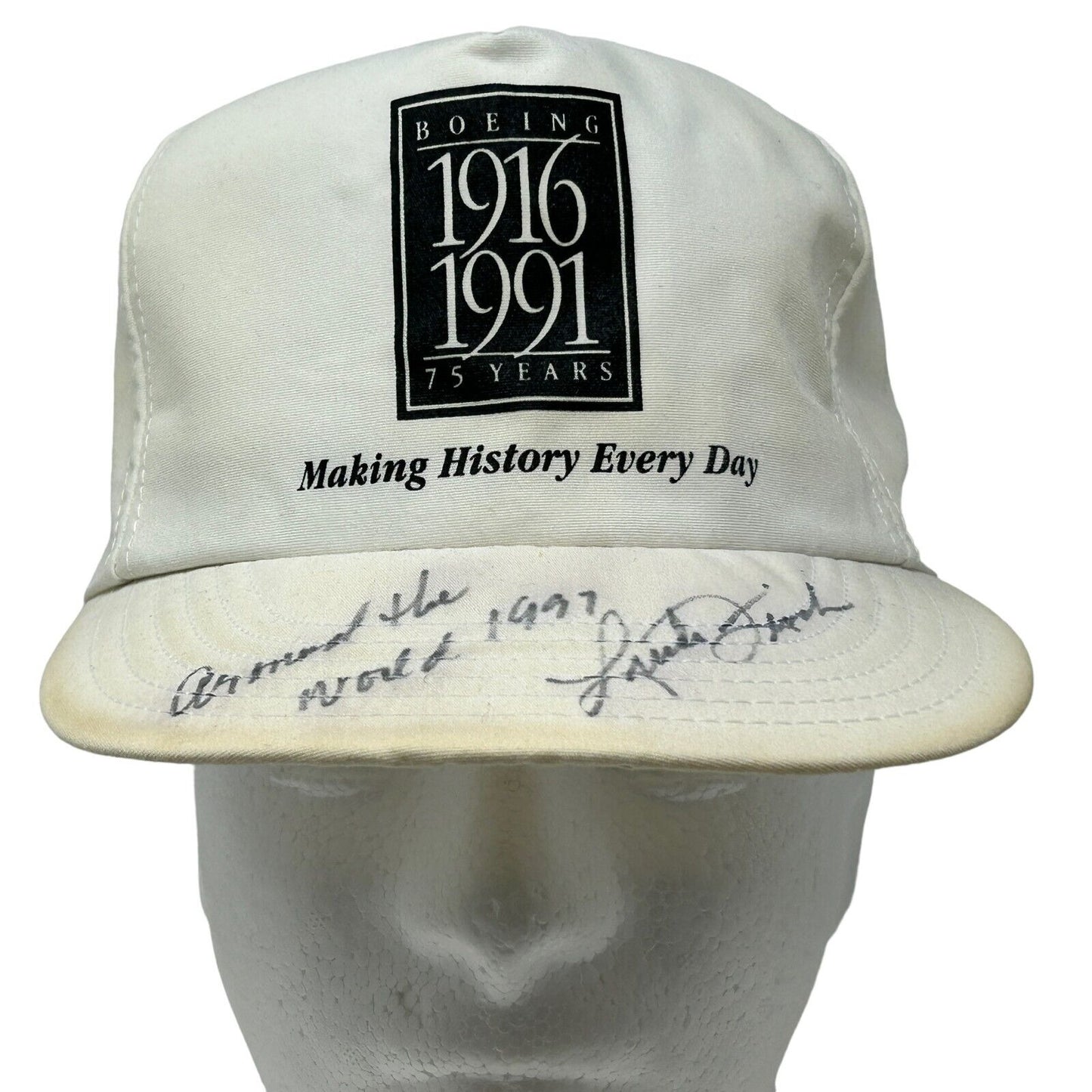 Vintage Pilot Linda Finch Autographed Hat Baseball Cap 90s Boeing Signed White