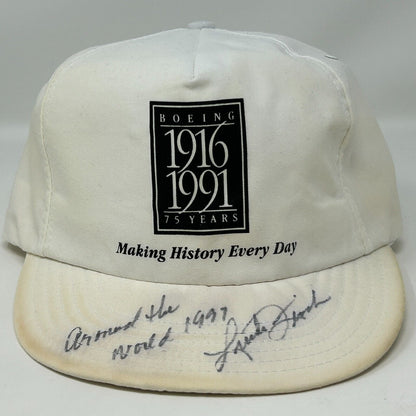 Vintage Pilot Linda Finch Autographed Hat Baseball Cap 90s Boeing Signed White