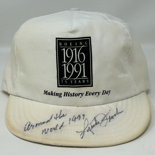 Vintage 90s Pilot Linda Finch Signed Hat Baseball Cap Boeing White Snapback USA