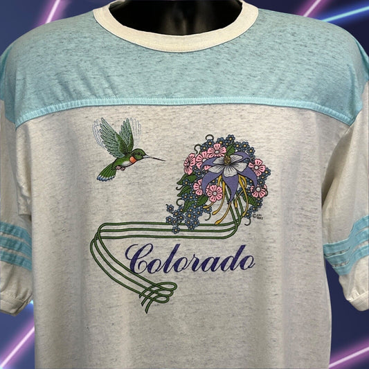 Vintage Distressed Colorado Hummingbird T Shirt Mens Large 80s Flowers Tee White