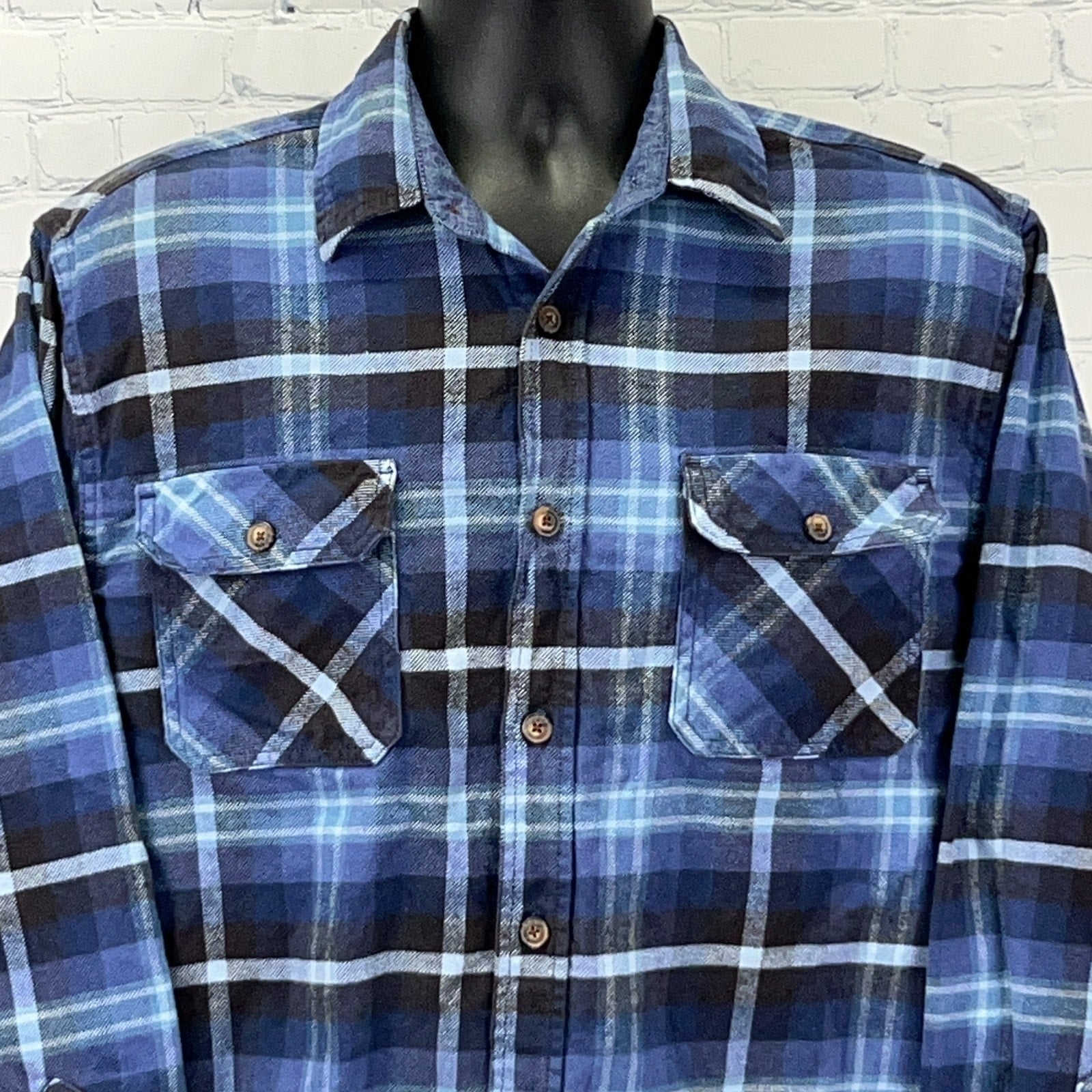 Jachs Blue Plaid Long Sleeve Shirt with Button Closure and Two Front Pockets