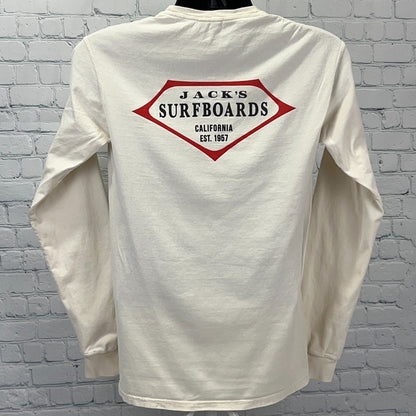 Back view of Jack's Surfboards long sleeve cream t-shirt featuring red logo and established year 1967