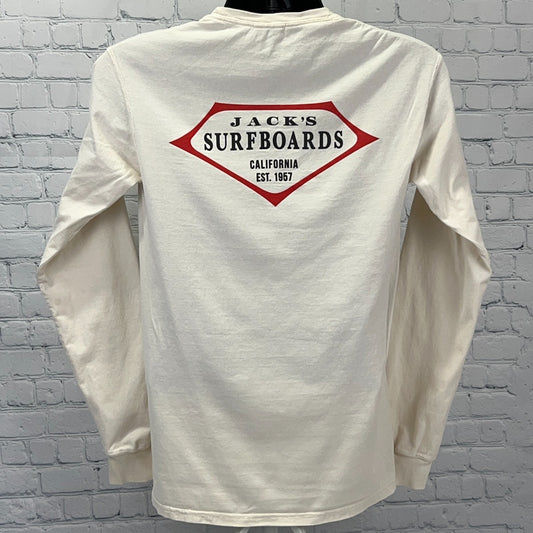 Back view of Jack's Surfboards long sleeve cream t-shirt featuring red logo and established year 1967