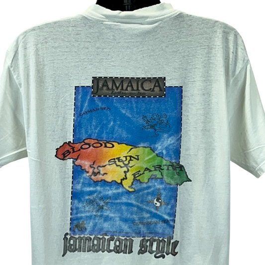 White Jamaican Style T-Shirt featuring a colorful Jamaica map graphic, size large, back view.