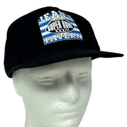 Black Otto hat featuring Denver Broncos Super Bowl XXXII logo on front in detailed view