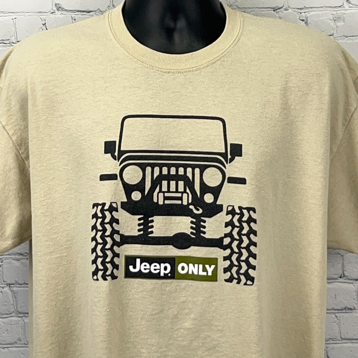 Tan Gildan Jeep Only Graphic T-Shirt featuring a Jeep design and tire tread pattern