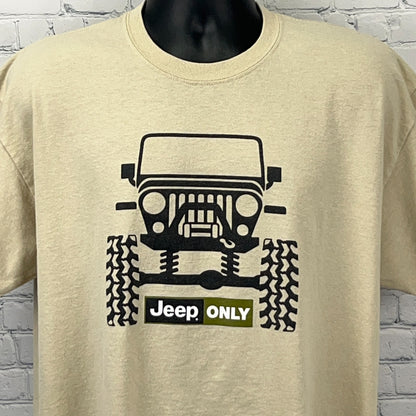 Tan Gildan Jeep Only Graphic T-Shirt featuring a Jeep design and tire tread pattern
