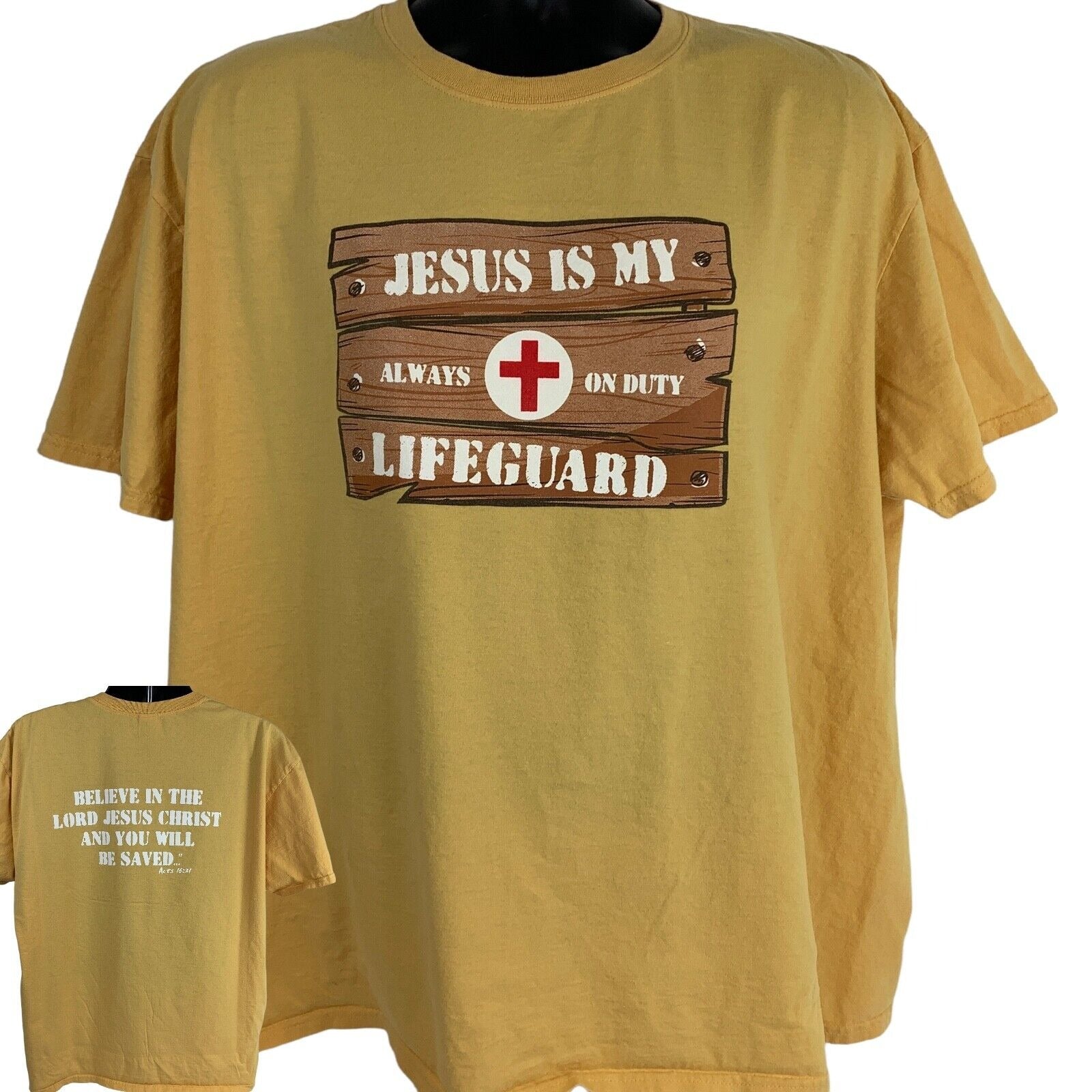 Gildan yellow T-Shirt featuring 'Jesus is My Lifeguard' graphic on the front, size large