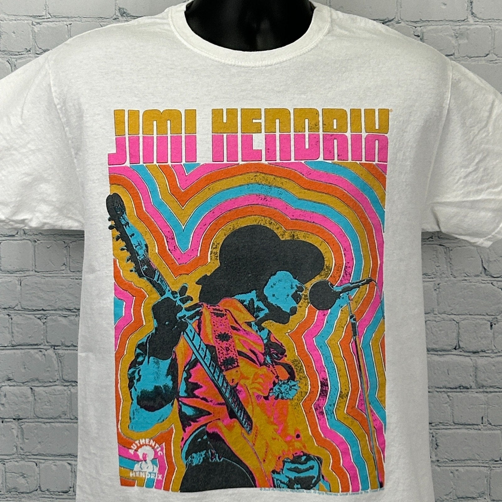 Front view of Fruit of the Loom white T-Shirt featuring colorful Jimi Hendrix artwork and vibrant design