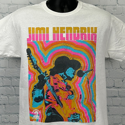 Front view of Fruit of the Loom white T-Shirt featuring colorful Jimi Hendrix artwork and vibrant design