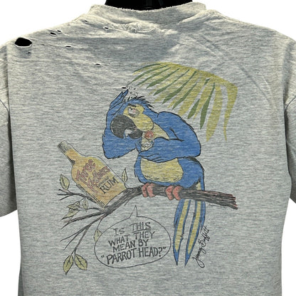 Anvil Gray T-Shirt featuring Jimmy Buffett parrot design on back with rum bottle detail