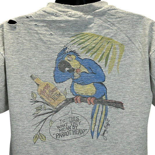 Anvil Gray T-Shirt featuring Jimmy Buffett parrot design on back with rum bottle detail