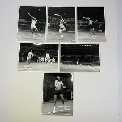 Vintage black and white photos of Jimmy Connors and Stan Smith playing tennis on the court