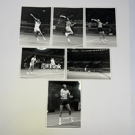 Vintage black and white photos of Jimmy Connors and Stan Smith playing tennis on the court