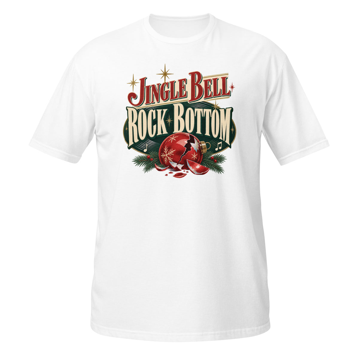 White T-shirt with 'Jingle Bell Rock Bottom' design, featuring red bells and Christmas theme, front view