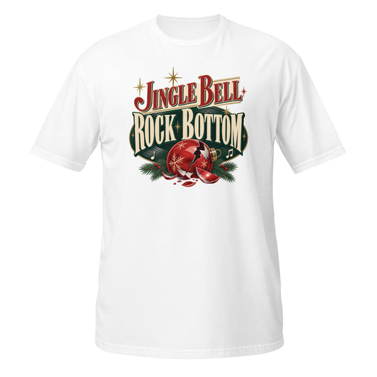 White T-shirt with 'Jingle Bell Rock Bottom' design, featuring red bells and Christmas theme, front view