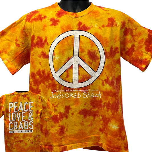 Alore Tie-Dye T-Shirt in Yellow and Orange with Peace Logo and Joe's Crab Shack Print on Front and Back