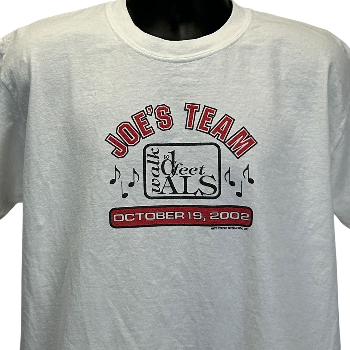 Front view of Gildan white T-shirt with Joe's Team ALS graphic and date October 19, 2002