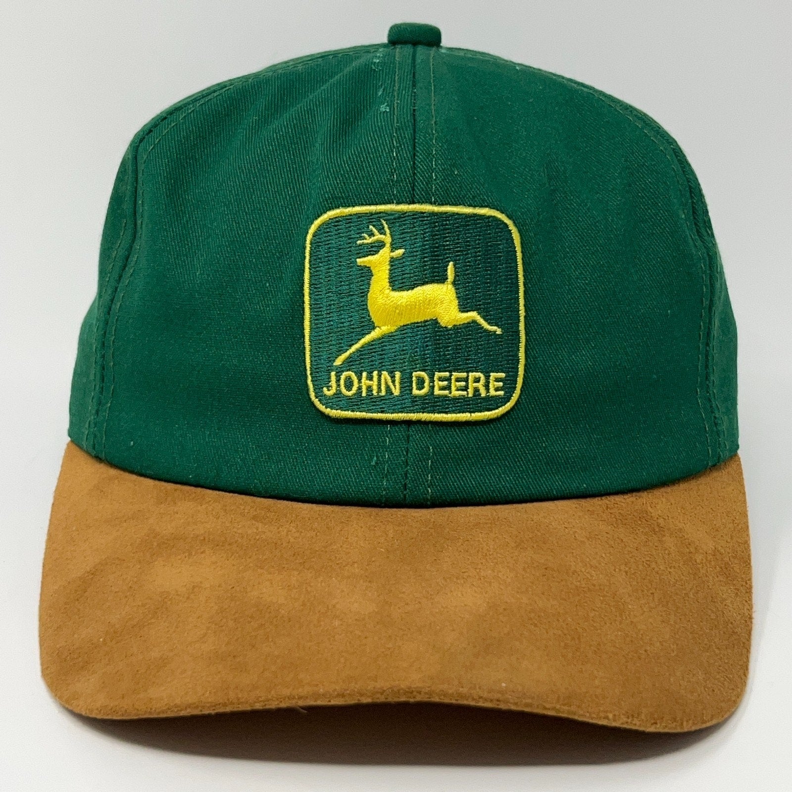 Green John Deere Cap with Yellow Logo and Brown Suede Brim, Front View