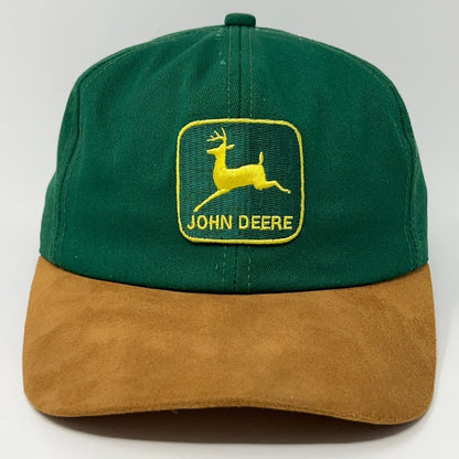 Green John Deere Cap with Yellow Logo and Brown Suede Brim, Front View