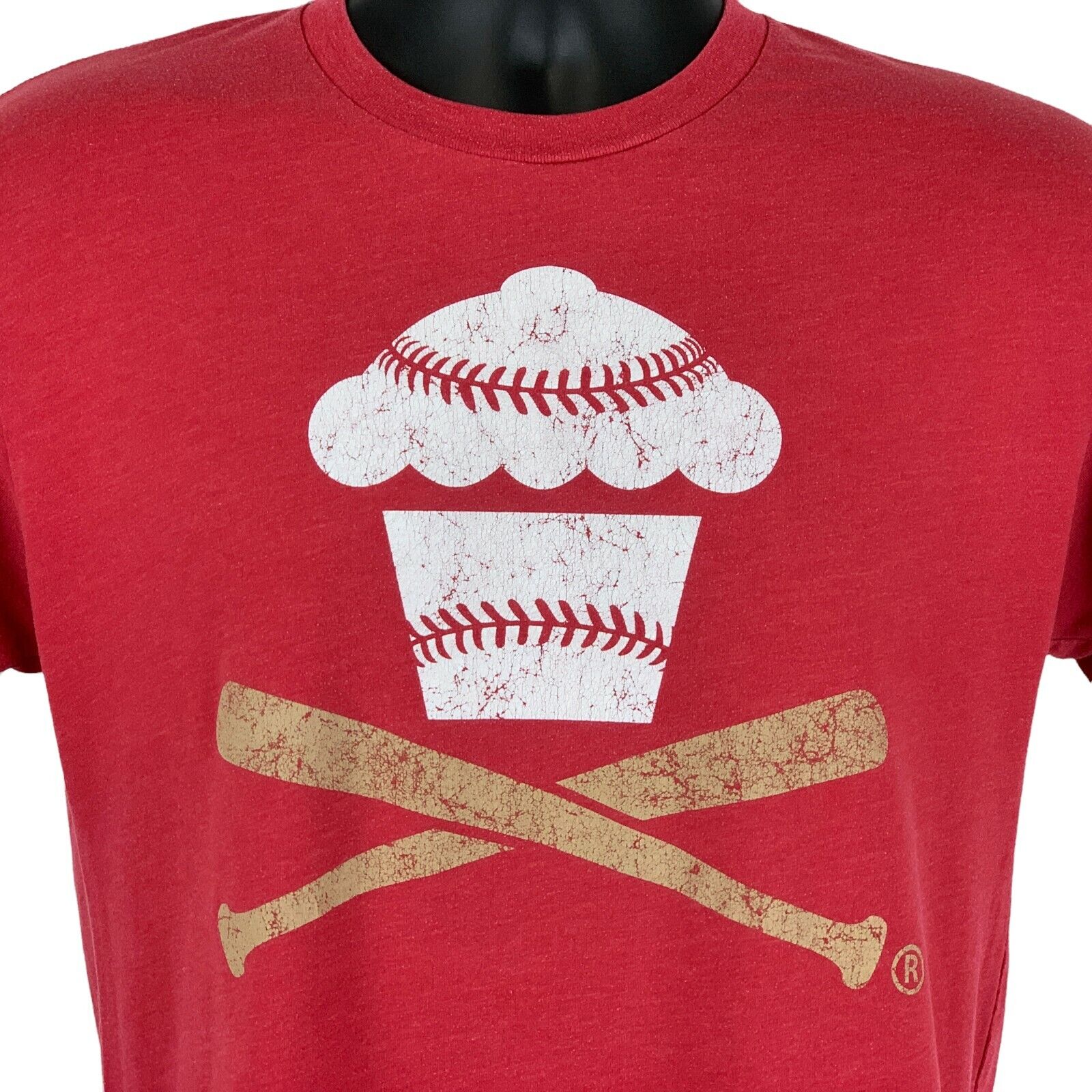 Red Johnny Cupcakes T-Shirt featuring a cupcake and crossed bats graphic in large front design.