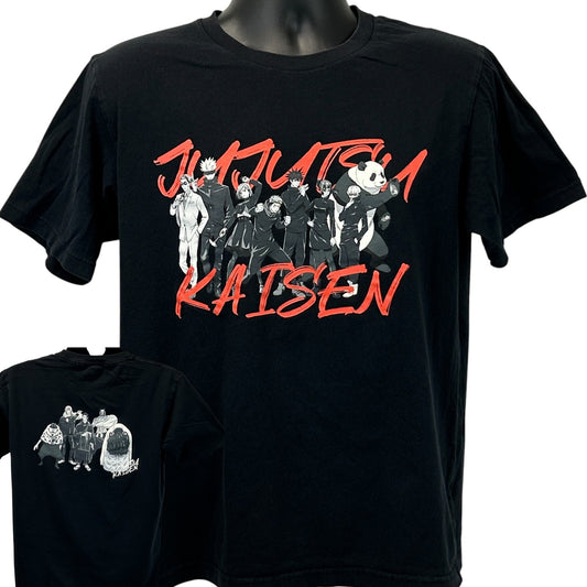 Black Uniqlo Jujutsu Kaisen T-Shirt featuring iconic characters on the front view