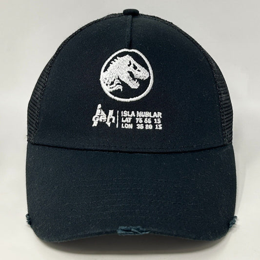 Black Jurassic Park hat featuring T-Rex logo and Isla Nublar coordinates, front view