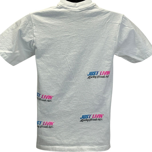 White Anvil T-Shirt with front and back print, featuring Spring Break theme in vibrant colors