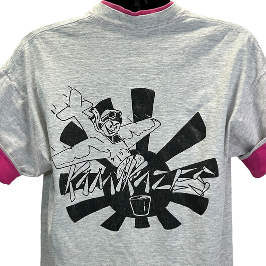 Gray Signal T-Shirt with Kamikazes graphic on back and pink collar detail, size medium