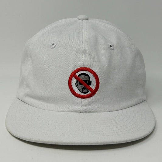 White unbranded hat with embroidered no Kanye West logo on the front, featuring a classic cap design