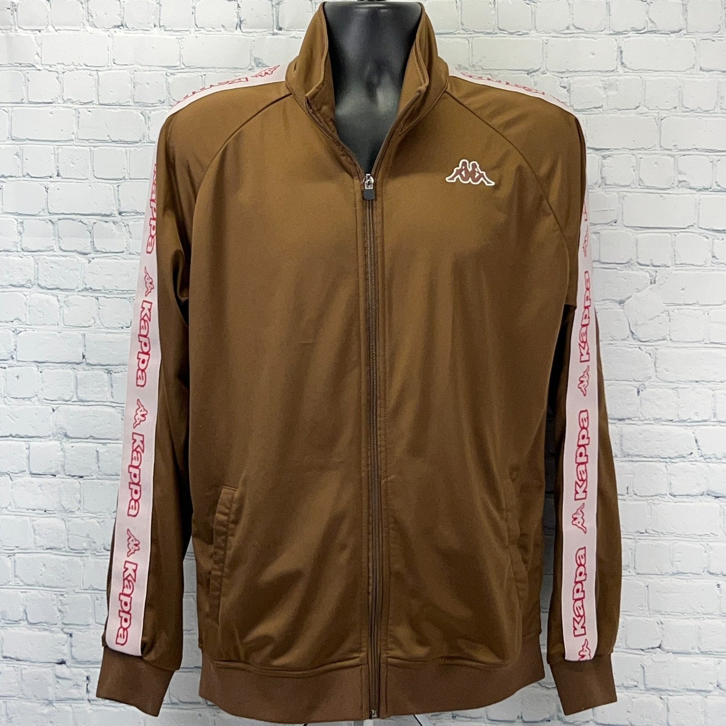 Kappa brown athletic jacket with pink logo stripes on sleeves, front view, size medium