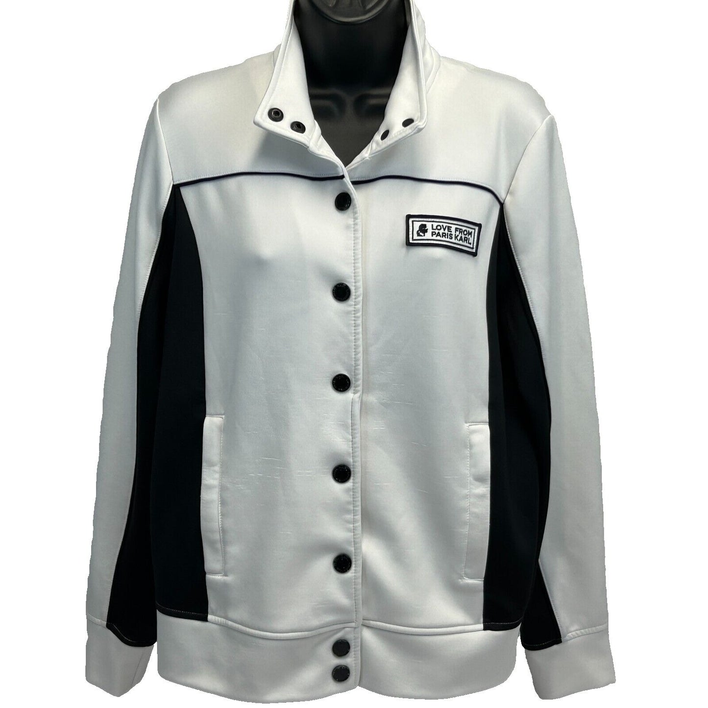 Karl Lagerfeld White Jacket with Black Details, Front View, Features Logo Patch and Button Closure