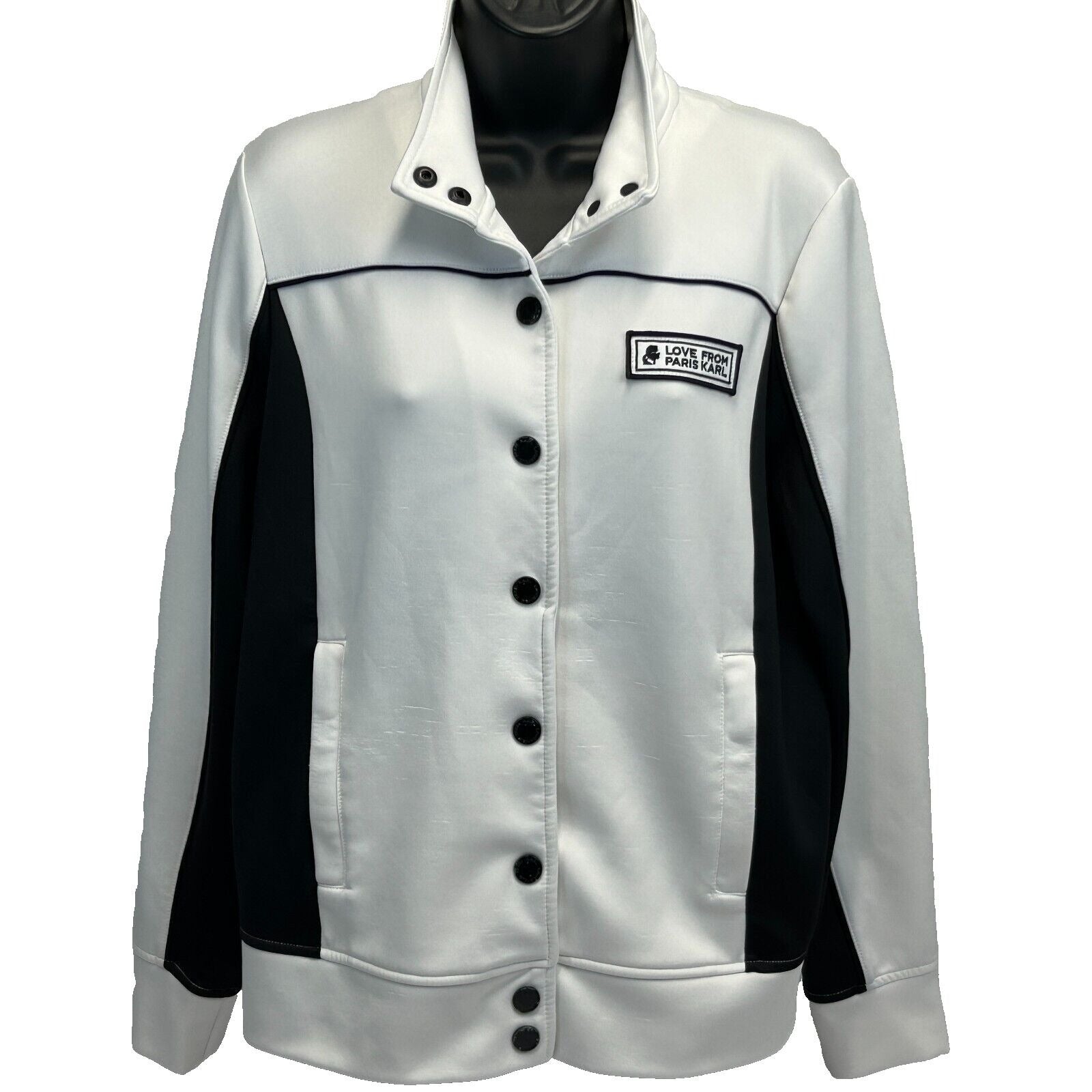 Karl Lagerfeld White Jacket with Black Details, Front View, Features Logo Patch and Button Closure