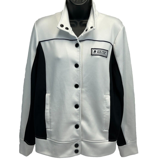 Karl Lagerfeld White Jacket with Black Details, Front View, Features Logo Patch and Button Closure