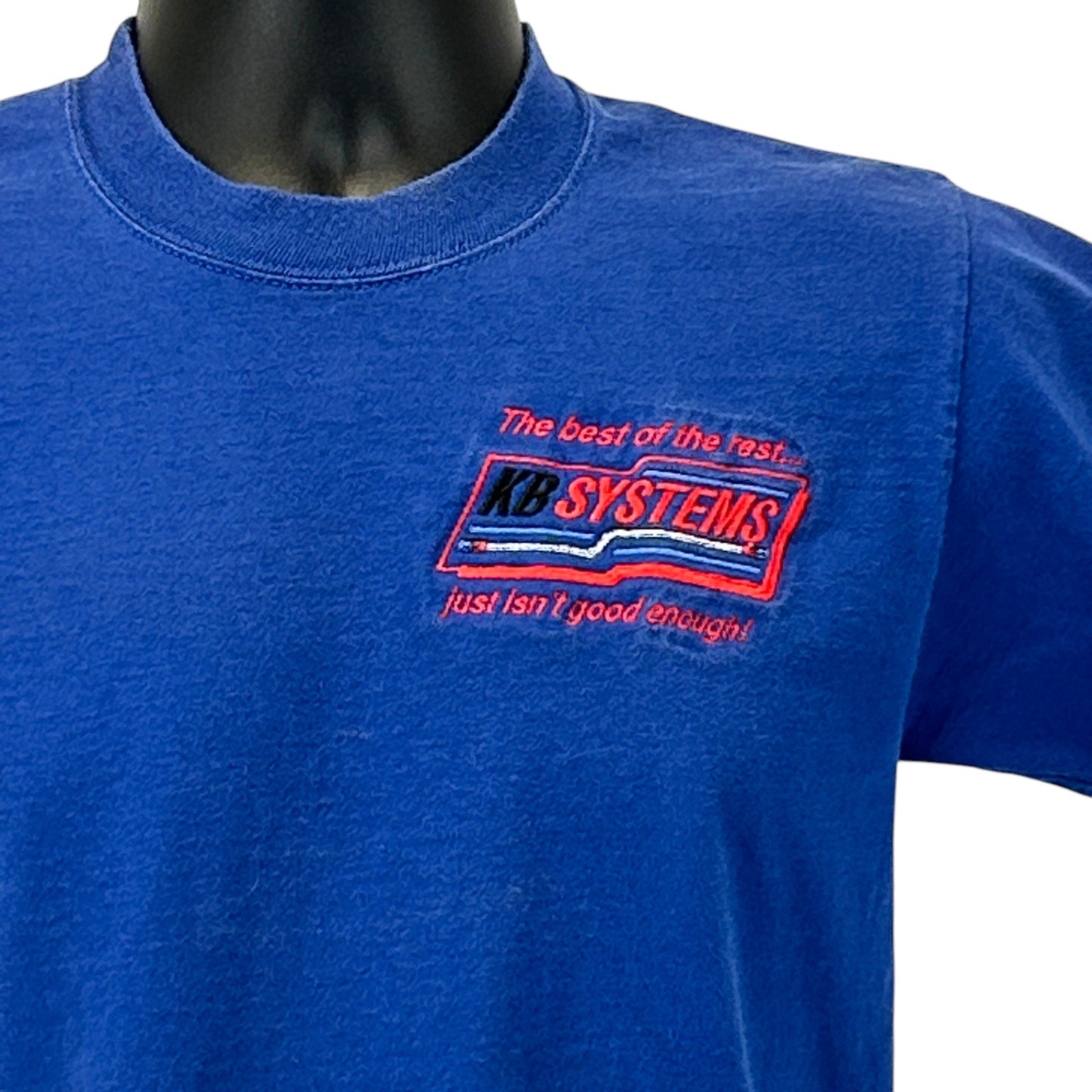 Jerzees blue T-shirt, size medium, featuring embroidered KB Systems logo on the front