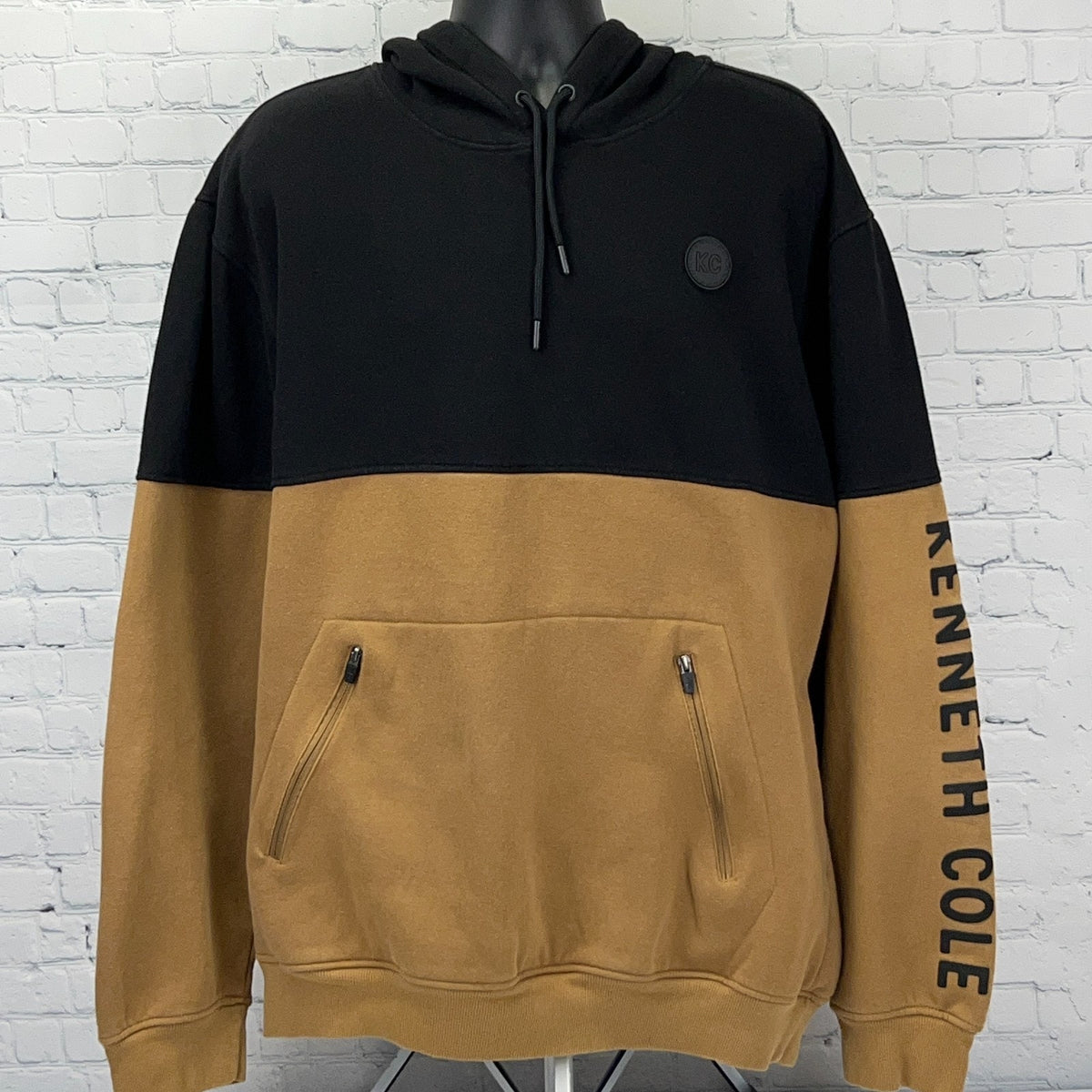 Kenneth Cole Men's Hoodie in Black and Tan with Kangaroo Pocket and Logo Emblem