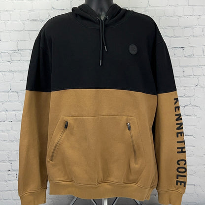 Kenneth Cole Men's Hoodie in Black and Tan with Kangaroo Pocket and Logo Emblem