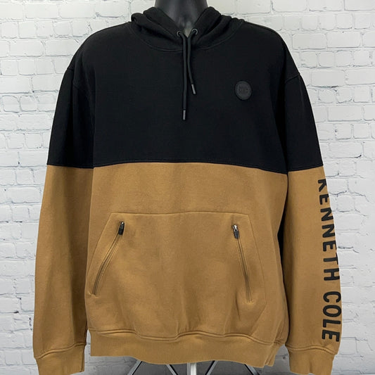 Kenneth Cole Men's Hoodie in Black and Tan with Kangaroo Pocket and Logo Emblem