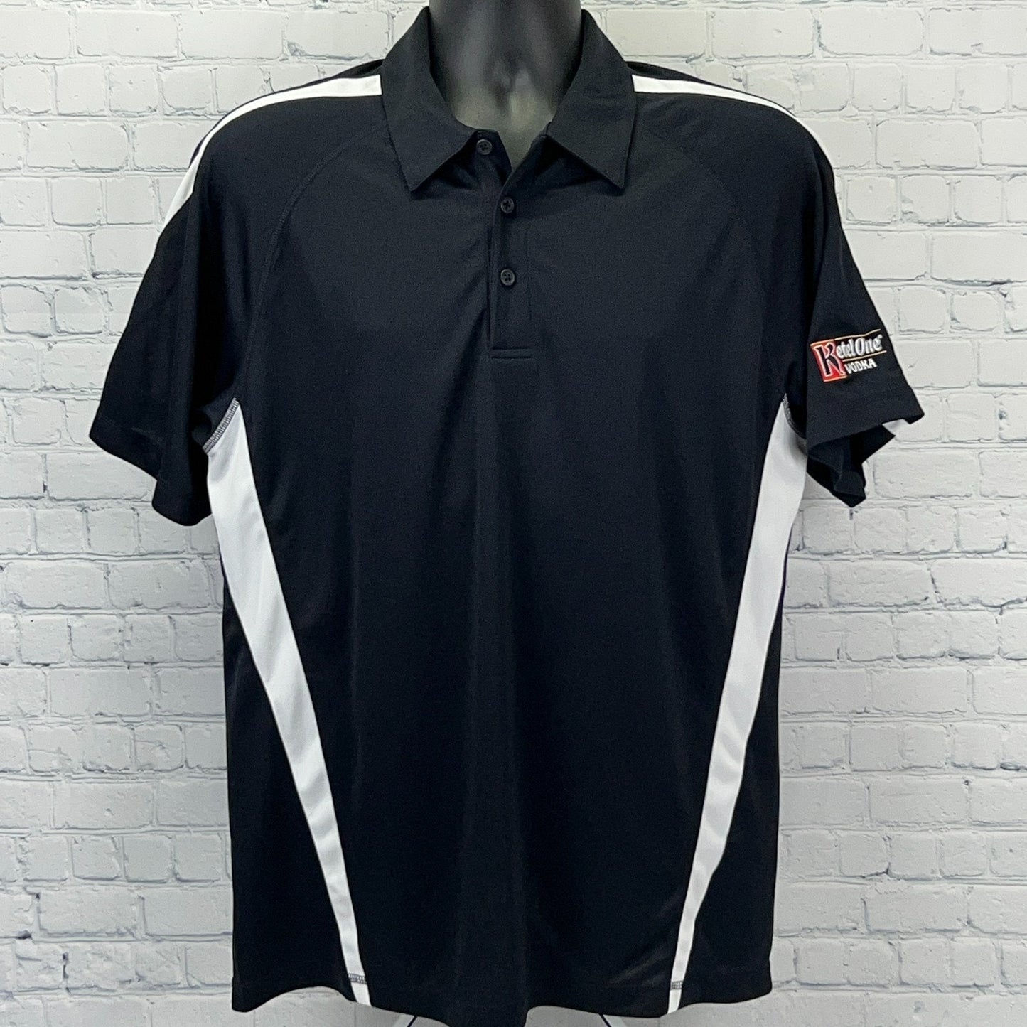 Sport-Tek Black Polo Shirt with White Stripes and Ketel One Vodka Logo on Front