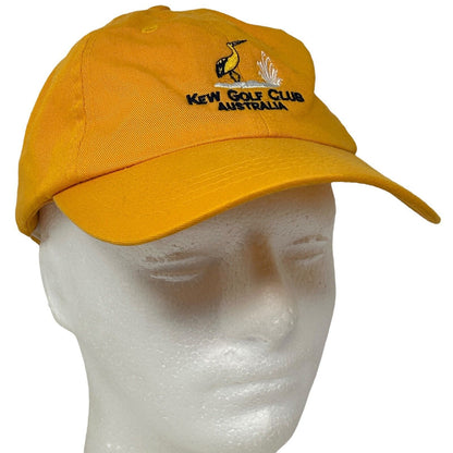 Front view of yellow PGA Kew Golf Club Australia hat with embroidered logo of a heron