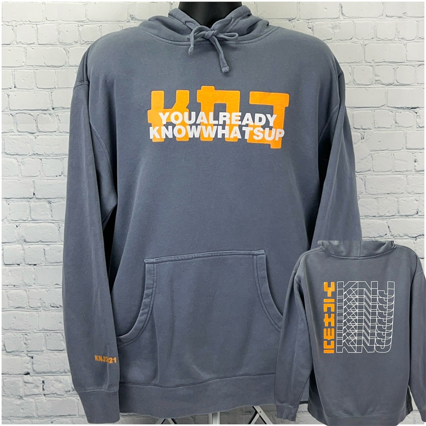 Gray hoodie from Independent Trading Company featuring KNJ logo on front and back with a large kangaroo pocket