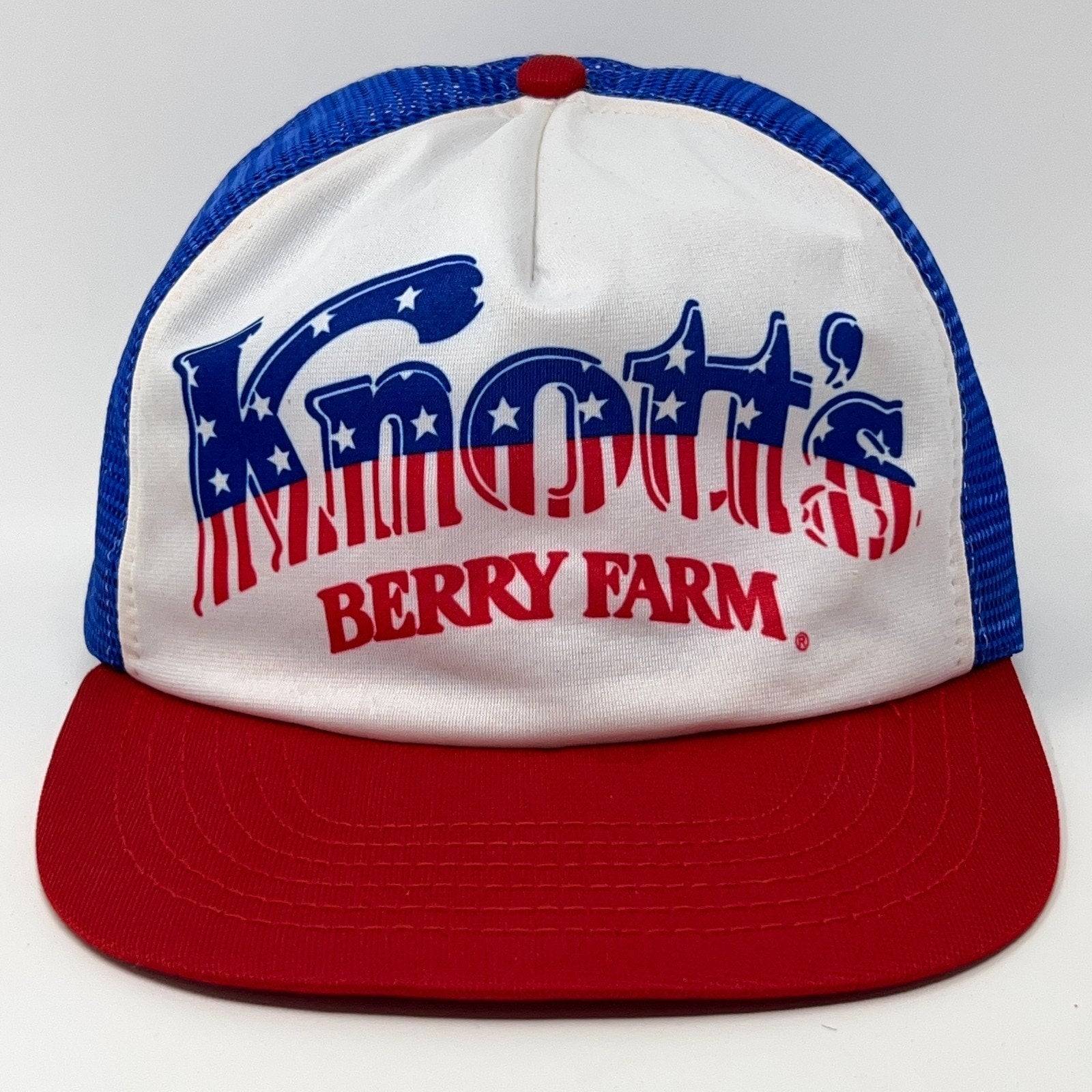Vintage Knotts Berry Farm Cap with Red Brim and Blue Mesh Back, Featuring Patriotic Design