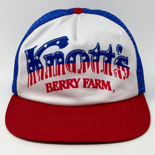 Vintage Knotts Berry Farm Cap with Red Brim and Blue Mesh Back, Featuring Patriotic Design