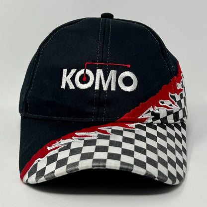 Vintage Baseball Hat in navy with checkered pattern and red accents, featuring KOMO logo on front