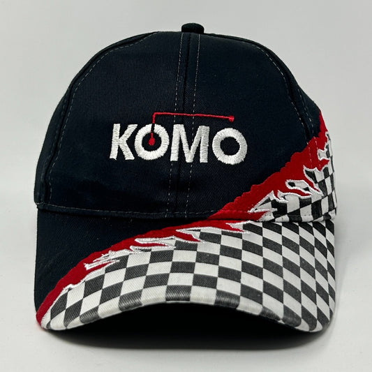 Vintage Baseball Hat in navy with checkered pattern and red accents, featuring KOMO logo on front